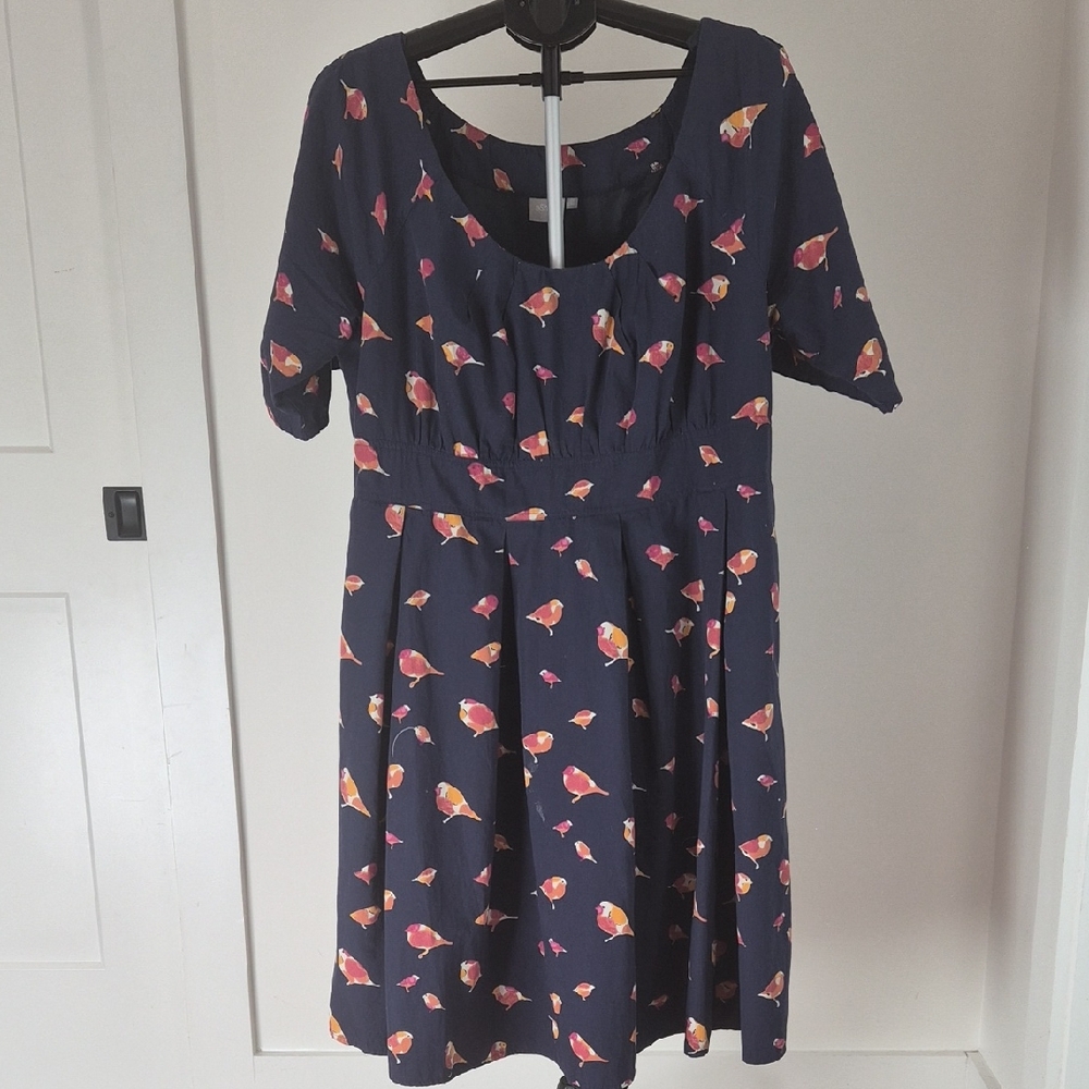 eShakti Navy Dress with Bird Pattern